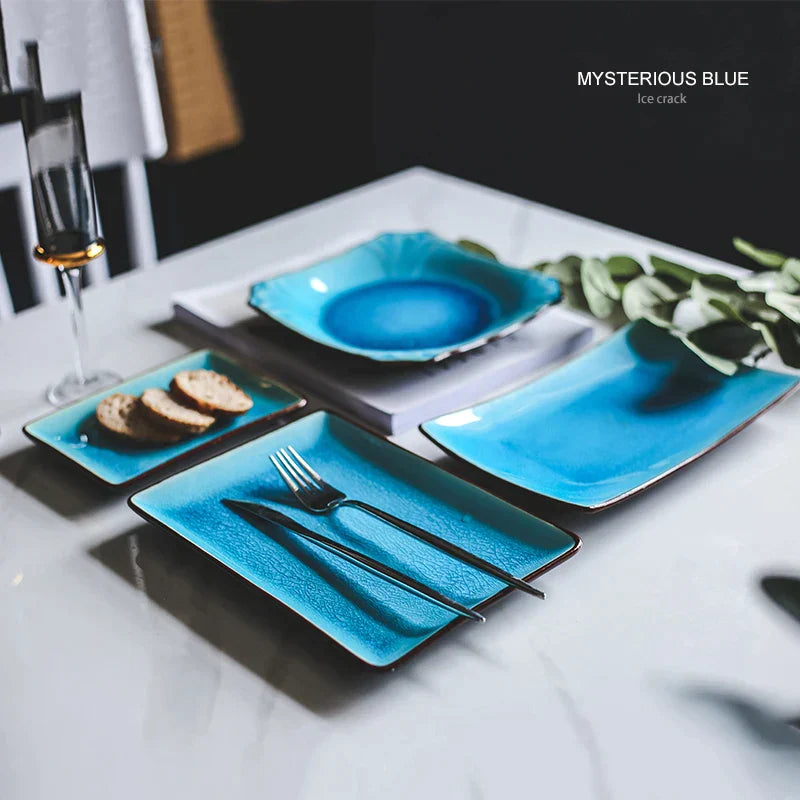 DecorBites™ Blue Ice Crack Glaze Ceramic Plate - Round Solid Pattern