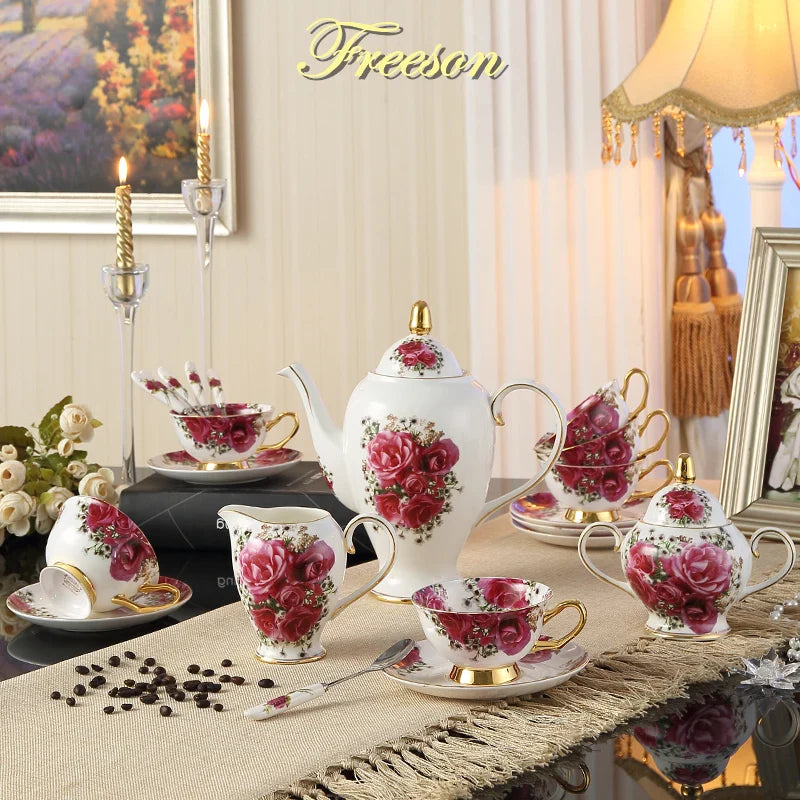Juego de té DecorBites™ de porcelana fina: taza, platillo, jarra, azucarero, jarra, tetera