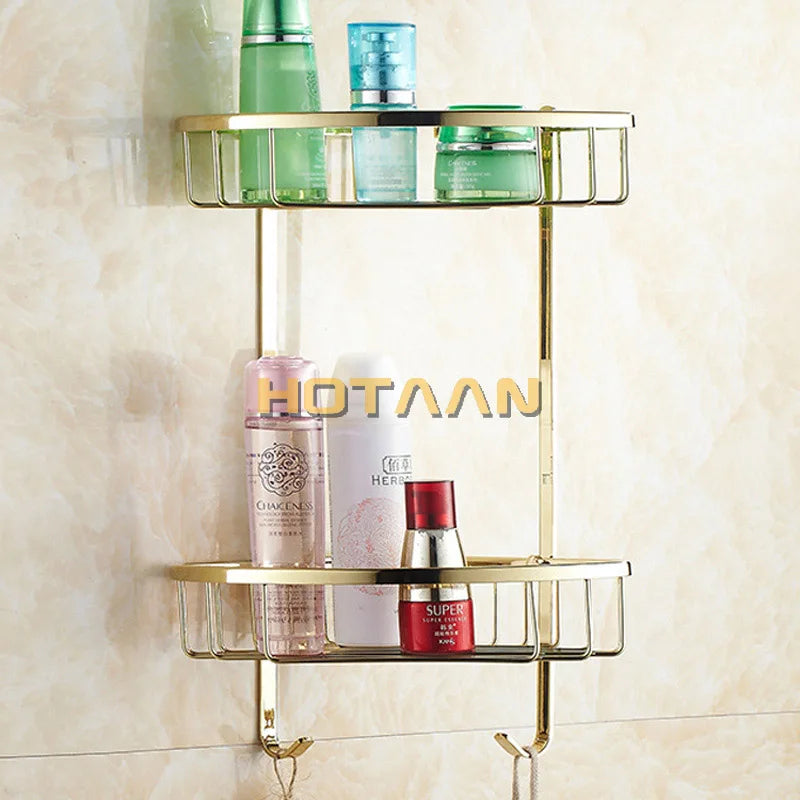 DecorBites™ Gold Brass Double Layer Bathroom Shower Shelf Basket Holder