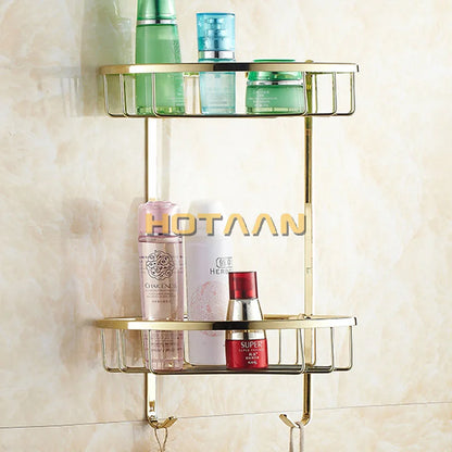 DecorBites™ Gold Brass Double Layer Bathroom Shower Shelf Basket Holder
