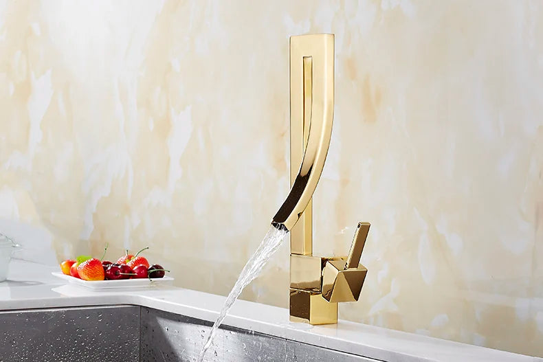 Grifo de Lavabo Cuadrado de Latón Dorado Decorbites™ Asa Única Montado en Cubierta para Baño