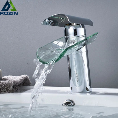 DecorBites™ Glass Spout Basin Faucet: Waterfall Bathroom Mixer Tap, Chrome Finish