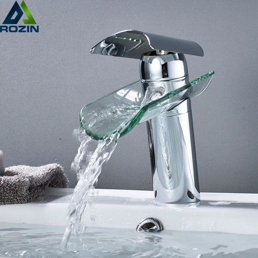 DecorBites™ Glass Spout Basin Faucet: Waterfall Bathroom Mixer Tap, Chrome Finish