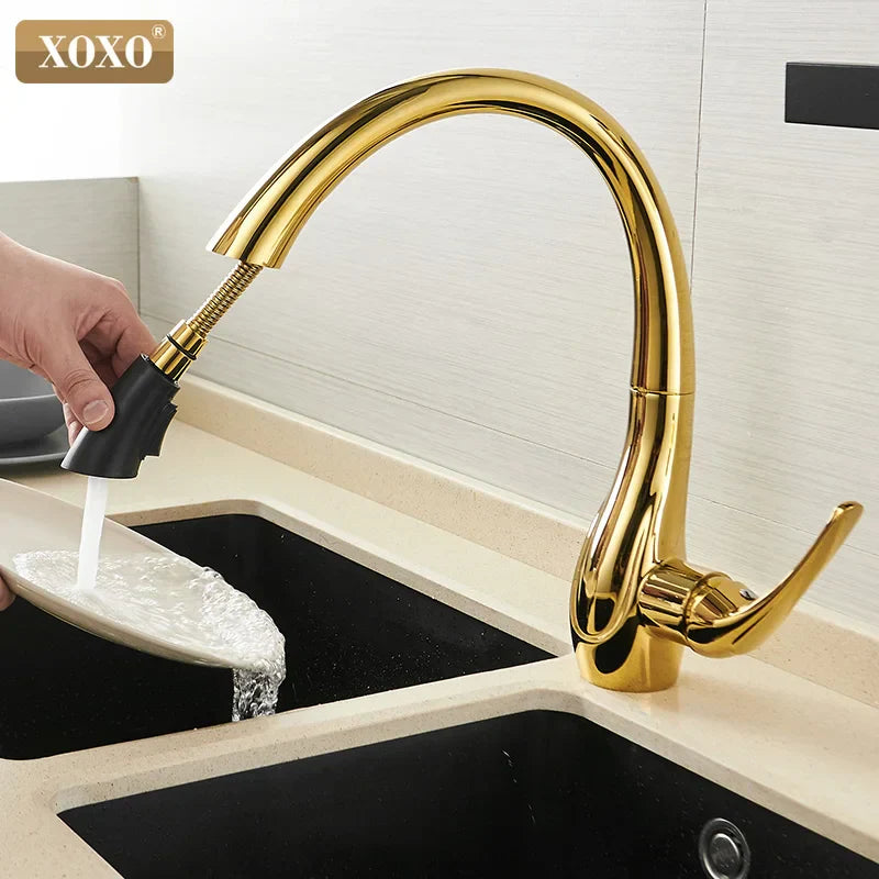 DecorBites™ Golden Pull Out Kitchen Faucet Single Handle 360° Water Mixer Tap