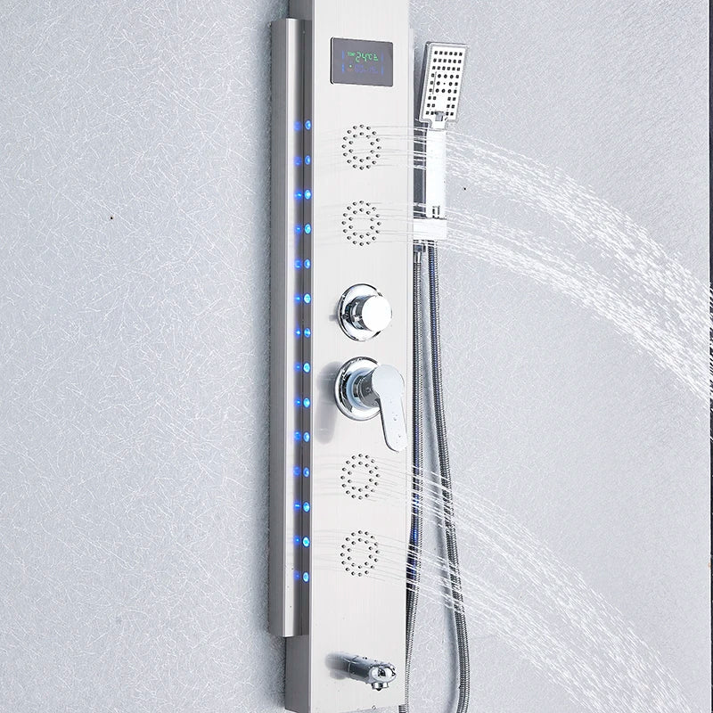 لوحة دش DecorBites™‎ سوداء مزودة بإضاءة LED وخمس وظائف، صنبور دش للحمام مثبت على الحائط