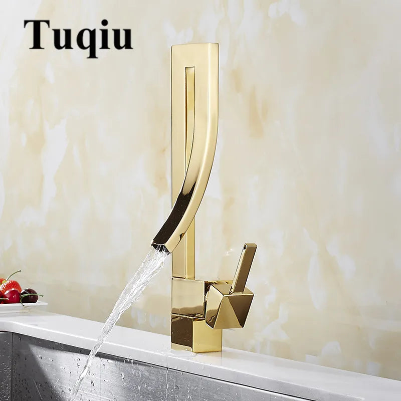 DecorBites™ Gold Brass Square Basin Faucet Single Handle Hot Cold Mixer Water Tap