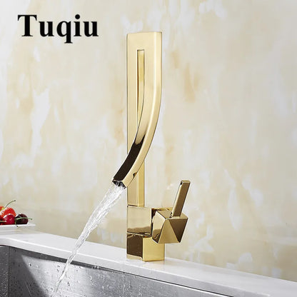 DecorBites™ Gold Brass Square Basin Faucet Single Handle Hot Cold Mixer Water Tap