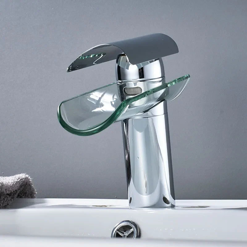 DecorBites™ Glass Spout Basin Faucet: Waterfall Bathroom Mixer Tap, Chrome Finish