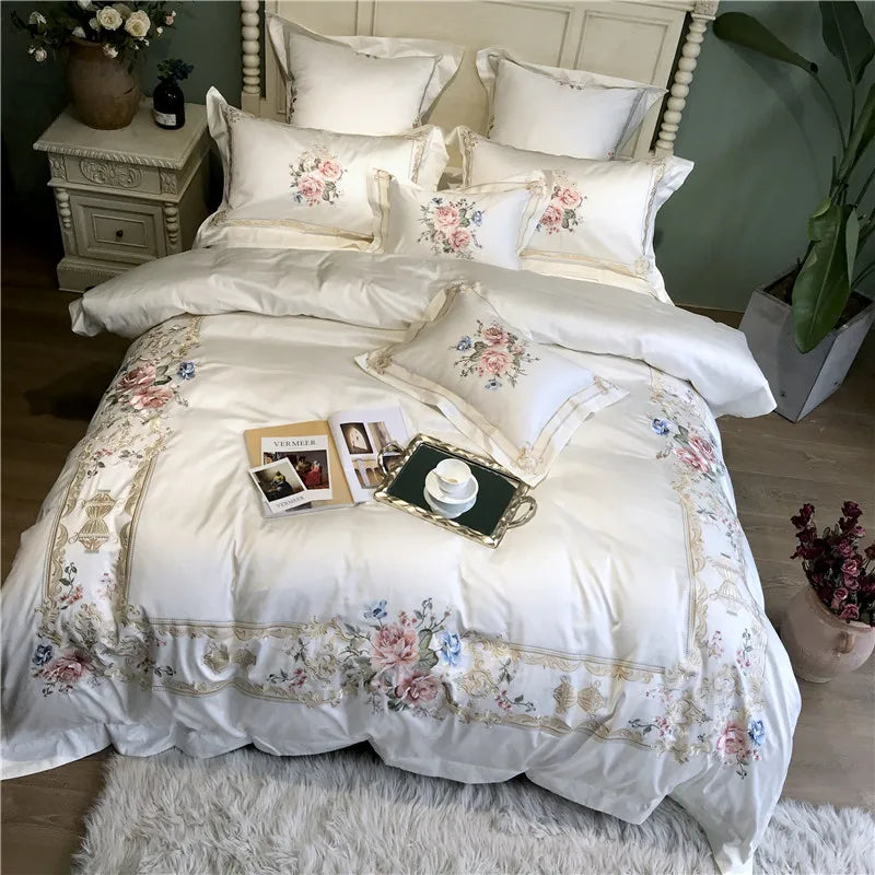 Decobites Luxury Flowers Embroidery Bedding Set, White, 100S, 4Pcs, 7Pcs