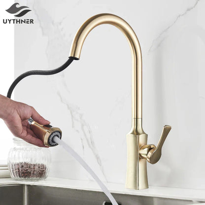 DecorBites™ Brushed Gold Kitchen Faucet Hot Cold Water Mixer Pull Out Spout Brass