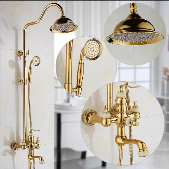 DecorBites™ Golden Brass & Jade Bath Shower Set - Wall Mounted Rainfall & Hand shower
