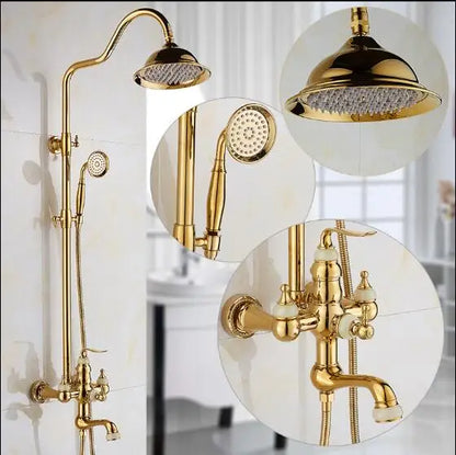 DecorBites™ Golden Brass & Jade Bath Shower Set - Wall Mounted Rainfall & Hand shower