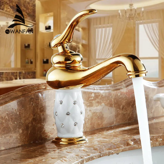 DecorBites™ Gold Brass Diamond Basin Faucet Single Handle Hot & Cold Mixer Tap