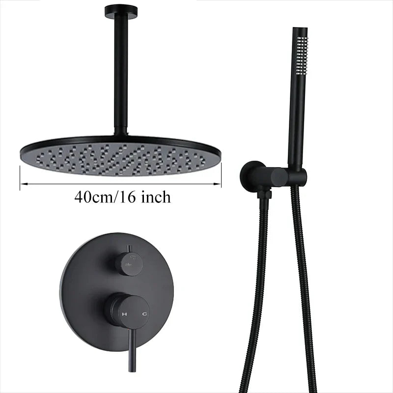 DecorBites™ Brass Black Shower Set with Ceiling/Wall Arm, Diverter Mixer, Handheld Spray, 8-16" Rain Head