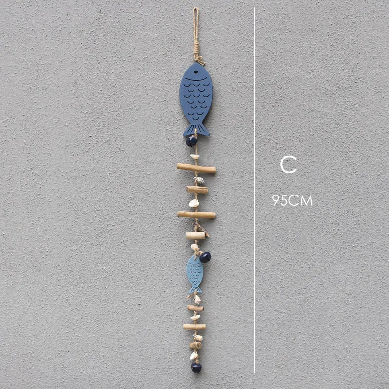 ديكور بايتس™ - قلادة على شكل سمكة زرقاء على شكل خادمة بحرية مصنوعة من أجراس خشبية عائمة لتزيين الحائط