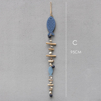 ديكور بايتس™ - قلادة على شكل سمكة زرقاء على شكل خادمة بحرية مصنوعة من أجراس خشبية عائمة لتزيين الحائط