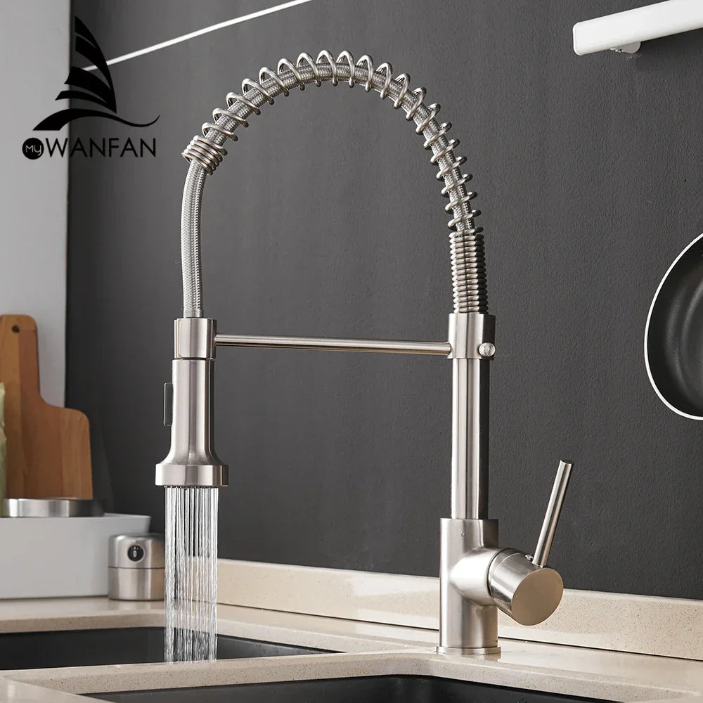 DecorBites™ Brass Spring Spout Kitchen Faucet with Single Lever Pull Down Mixer Tap