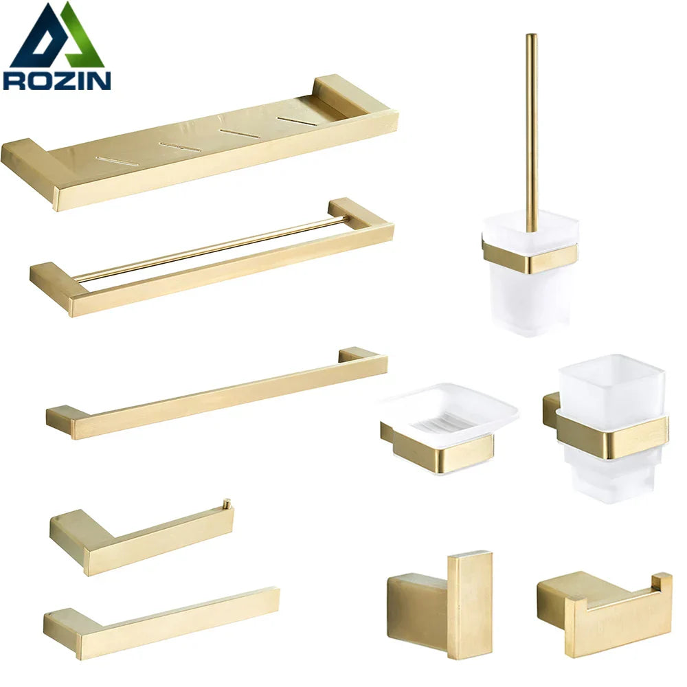DecorBites™ Brushed Gold Stainless Steel Bathroom Accessory Set: TP Holder, Towel Bar, Storage Shelf
