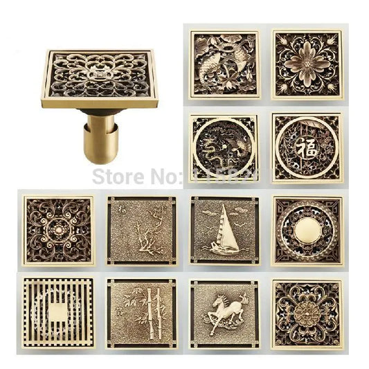 DecorBites™ Antique Brass Shower Drain Cover Euro Art Carved Bathroom Strainer