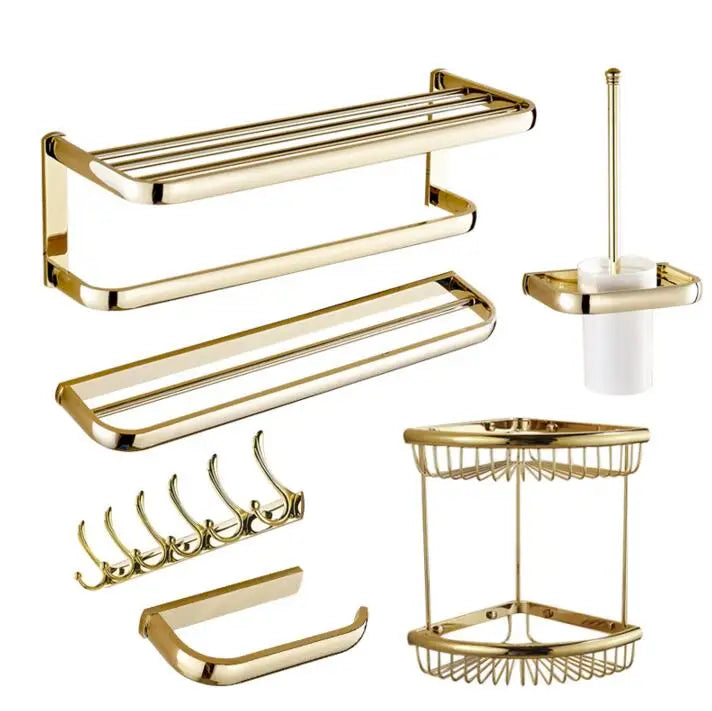 DecorBites™ Gold Bathroom Accessories Set: Towel Shelf, Towel Bar, Paper Holder, Cloth Hook