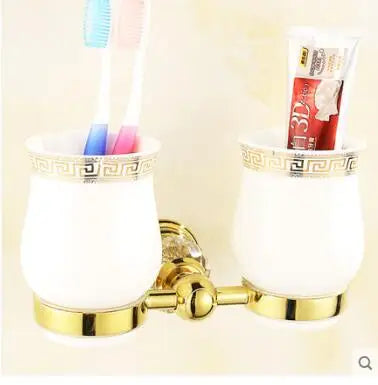 DecorBites™ Brass and Crystal Bathroom Accessories Set: Shelf, Robe Hook, Paper Holder, Brush Holder