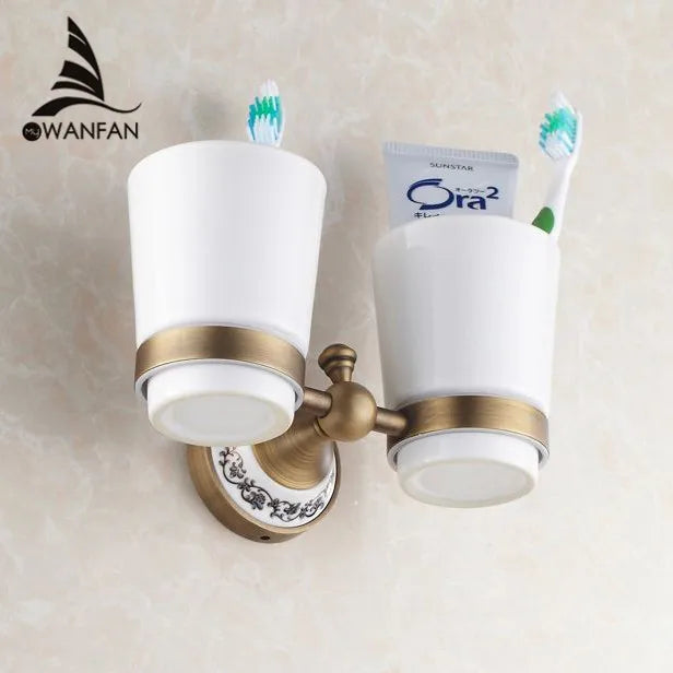 DecorBites™ Brass Toothbrush Holder with 2 Cups Bathroom Accessories Wall Mounted Holder
