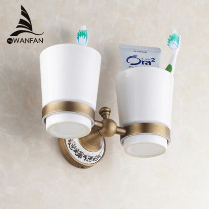 DecorBites™ Brass Toothbrush Holder with 2 Cups Bathroom Accessories Wall Mounted Holder