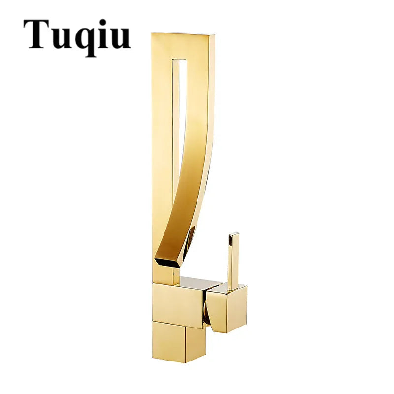 Grifo de Lavabo Cuadrado de Latón Dorado Decorbites™ Asa Única Montado en Cubierta para Baño
