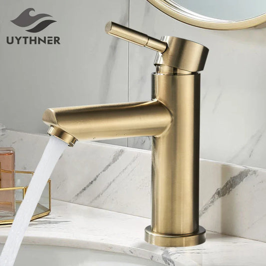 DecorBites™ Brushed Gold Solid Brass Bathroom Faucet Single Handle Deck Mounted Tap