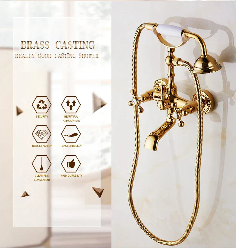 DecorBites™ Gold Brass Bathroom Shower Faucet Set Single Handle Rainfall Wall Mounted