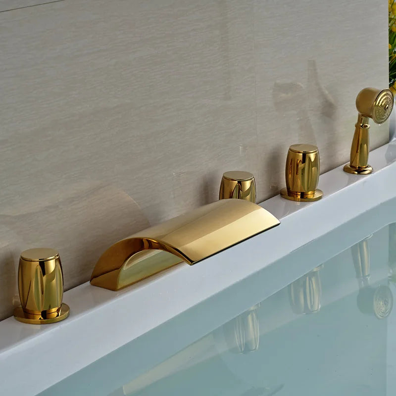DecorBites™ Golden Brass Bathtub Faucet with Handheld Shower - Deck Mounted