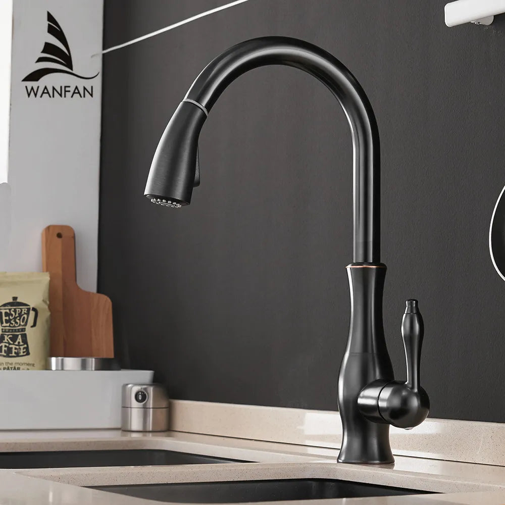 Black Gold Brass Kitchen Faucet Pull-Out Spray
