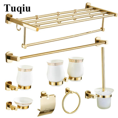 DecorBites™ Gold Brass Bath Hardware Set: Towel Rack, Paper Holder, Toilet Brush Holder, Towel Ranger, Hooks