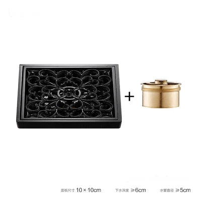 DecorBites™ Brass Square Shower Room Floor Drain with Hair Strainer - 10*10cm