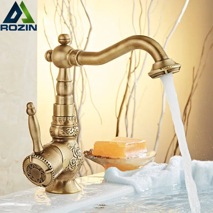 DecorBites™ Black Flower Carved Basin Mixer Tap with Swivel Neck, Single Lever Control