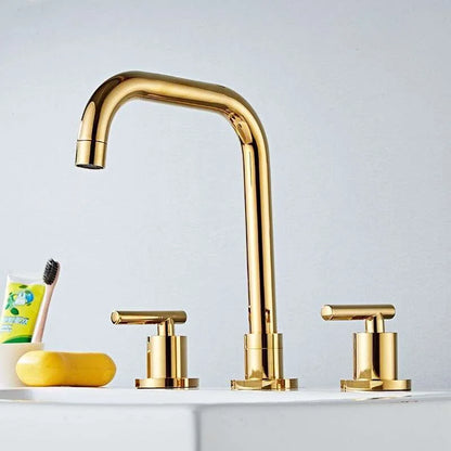 DecorBites™ Brass Basin Faucet: Gold/Chrome Double Handle Bathroom Sink Tap, Deck Mounted-Widespread