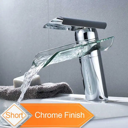 Grifo mezclador de lavabo tipo cascada con caño de cristal en bronce negro DecorBites™ - Grifo de encimera para montaje sobre cubierta