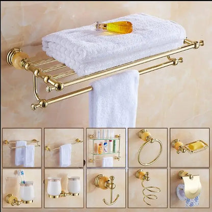 DecorBites™ Brass & Jade Gold Bathroom Accessories Set: Paper Holder, Towel Bar, Soap Basket
