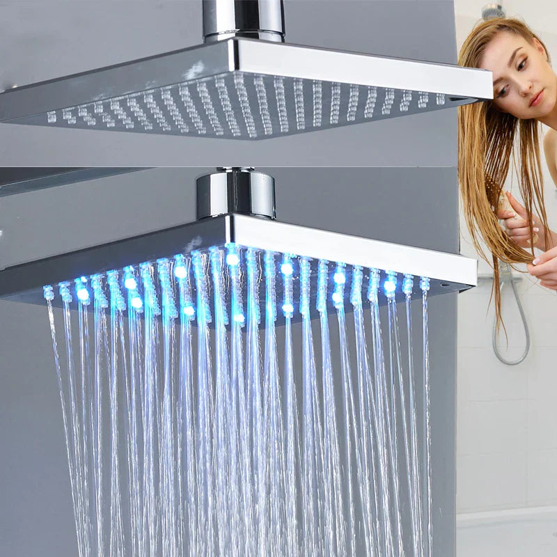 DecorBites™ Bright Chrome LED Rainfall Shower Head: Color Changing Brass Rectangular Shower Faucet