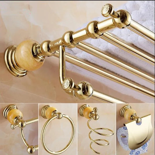 DecorBites™ Brass & Jade Gold Bathroom Accessories Set: Paper Holder, Towel Bar, Soap Basket