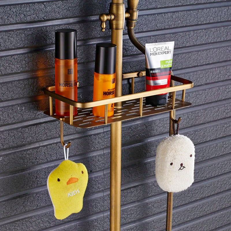 Juego de mezclador de grifo de ducha de latón DecorBites™ con cabezal de lluvia de 8", estante de almacenamiento y ganchos