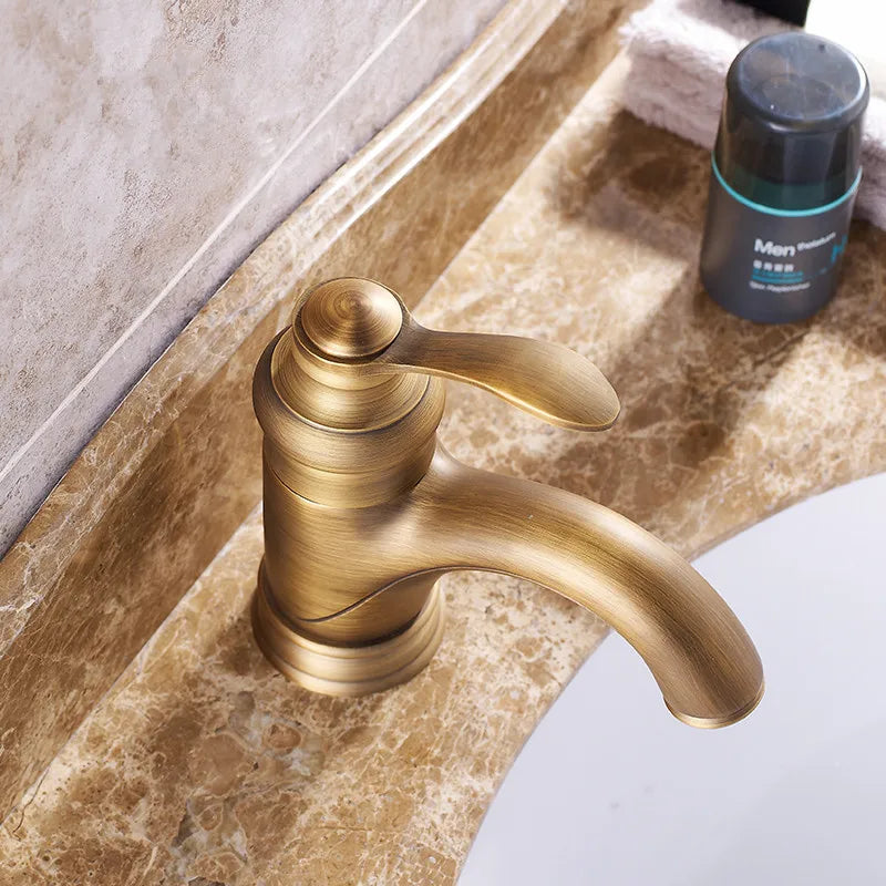 DecorBites™ Antique Brass Basin Faucet Single Handle Deck Mounted Bathroom Sink Hot Cold Mixer