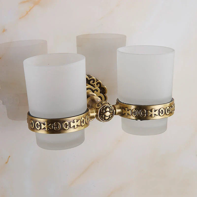 DecorBites™ Brass Antique Glass Cup Holder Set Luxury Bathroom Accessories