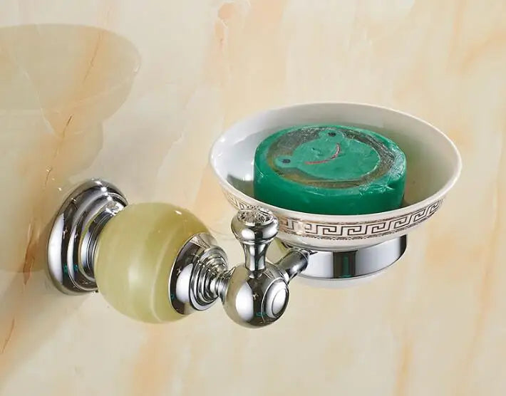 DecorBites™ Brass & Jade Bathroom Set: Holder, Bar, Basket, Rack, Ring - Hardware Collection