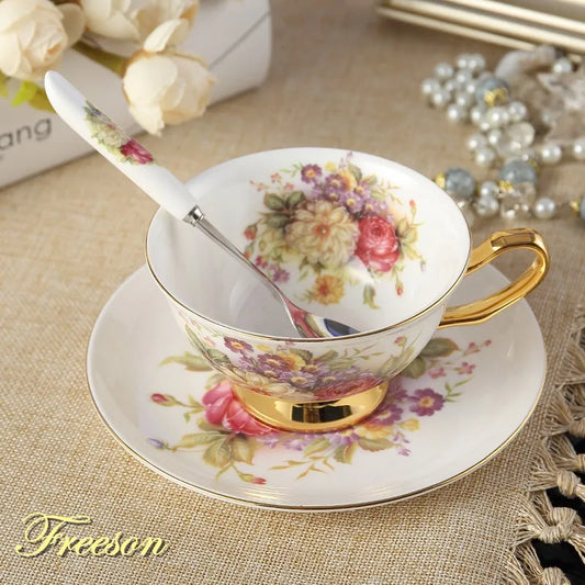 DecorBites™ Elegant Floral Bone China Tea Cup Set 200ml - Premium Porcelain Teacup Saucer Spoon