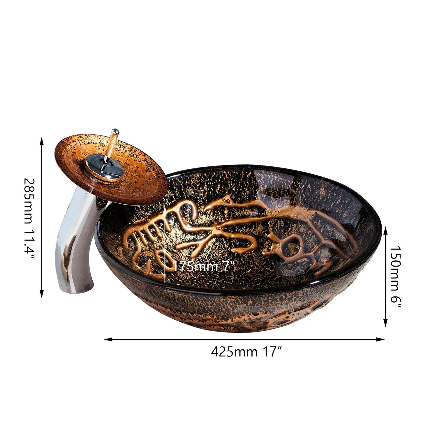 DecorBites™ Brown Hand-Paint Glass Wash Basin Set with Gold Chrome Waterfall Faucet
