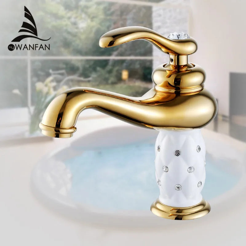 DecorBites™ Gold Brass Diamond Basin Faucet Single Handle Hot & Cold Mixer Tap