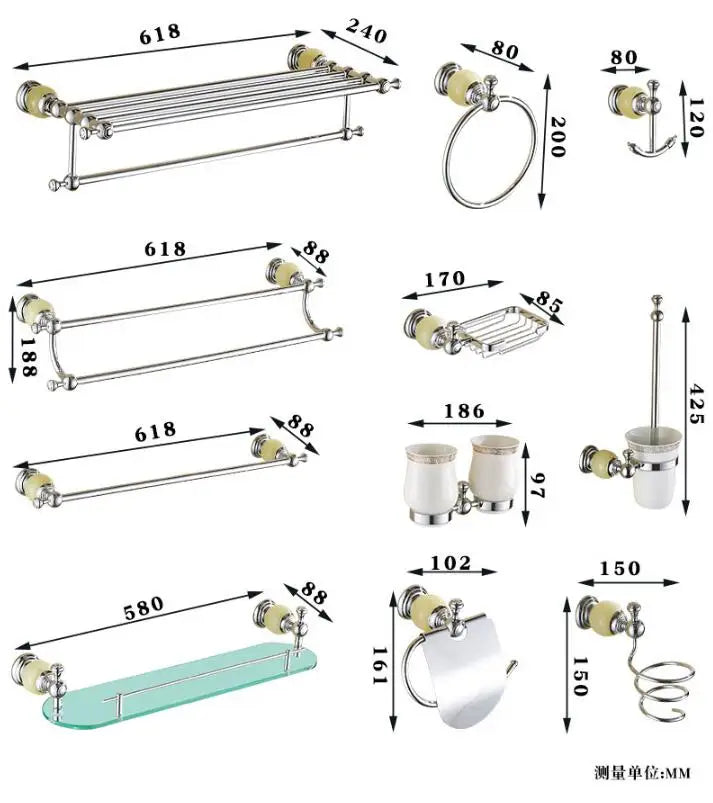 DecorBites™ Brass & Jade Bathroom Set: Holder, Bar, Basket, Rack, Ring - Hardware Collection