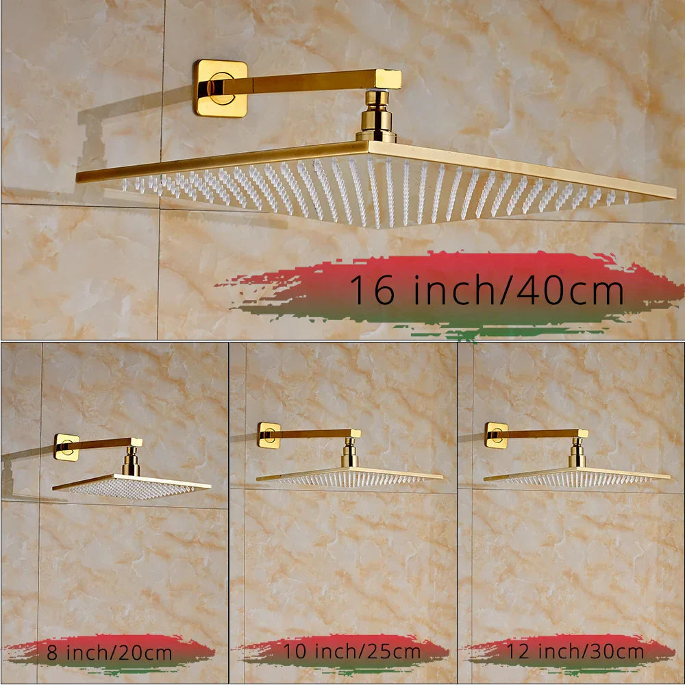 Grifo de ducha tipo lluvia DecorBites™ con LED dorado, mezclador de 3 vías y caño de latón