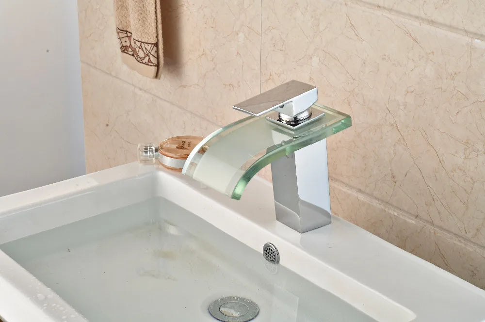 DecorBites™ LED Glass Waterfall Basin Faucet | Square Single Handle Bathroom Sink Mixer